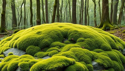 Minimal flat illustration of A lush, vibrant green carpet of moss covering an ancient stone surface in a damp forest, wide shot with open space at the top for text, soft pastel colors, bright and cozy, 16:9 aspect ratio