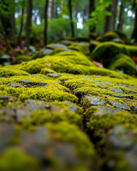 Cinematic film still of A lush, vibrant green carpet of moss covering an ancient stone surface in a damp forest, close-up detail with shallow depth of field, vivid colors, high contrast, energetic, 4:5 aspect ratio