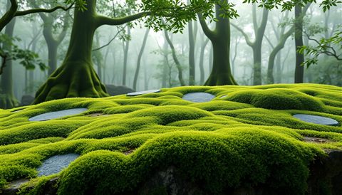Soft 3D render of A lush, vibrant green carpet of moss covering an ancient stone surface in a damp forest, wide shot with open space at the top for text, misty morning haze, dreamy, 16:9 aspect ratio