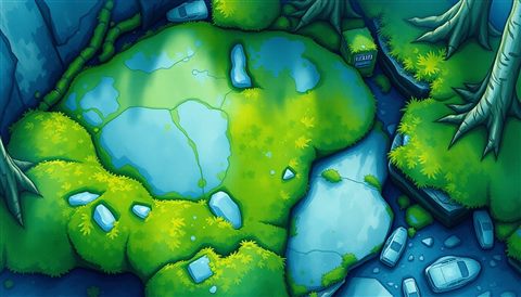 Watercolor illustration of A lush, vibrant green carpet of moss covering an ancient stone surface in a damp forest, high-angle view from above, cool blue tones, quiet atmosphere, 16:9 aspect ratio