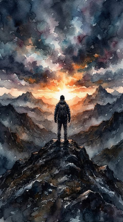 해 뜨는 산 정상에 선 사람의 뒷모습, 수채화 일러스트, 단순하고 깔끔한 구도 가운데 놓인 피사체, 어두운 톤, 극적인 조명, 9:16 비율