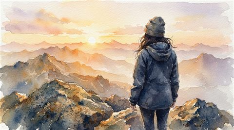 해 뜨는 산 정상에 선 사람의 뒷모습, 수채화 일러스트, 가까이 담은 디테일, 얕은 심도, 따뜻한 황금빛, 차분한 분위기, 16:9 비율