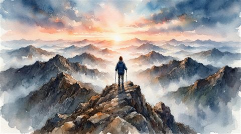 해 뜨는 산 정상에 선 사람의 뒷모습, 수채화 일러스트, 위에서 내려다본 구도, 아침 안개, 몽환적인 분위기, 16:9 비율