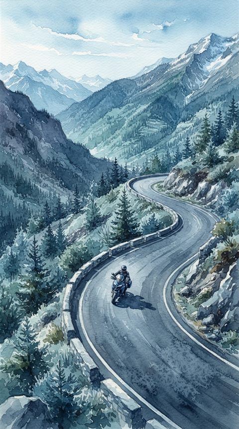 Watercolor illustration of a motorcycle on a mountain road, high-angle view from above, cool blue tones, quiet atmosphere, 9:16 aspect ratio
