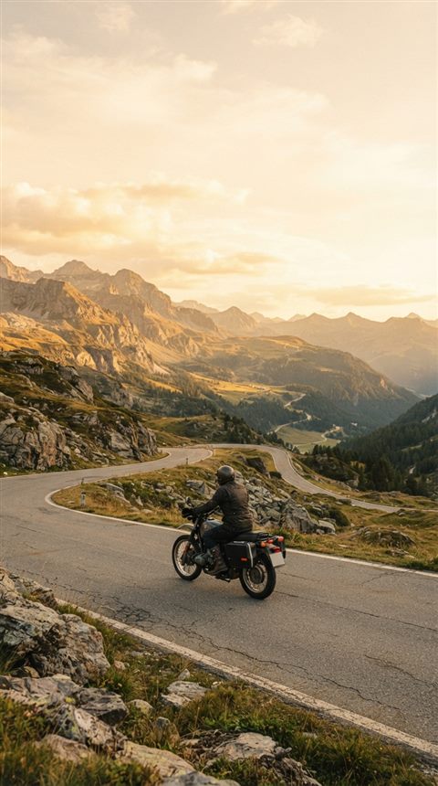 Cinematic film still of a motorcycle on a mountain road, wide shot with open space at the top for text, warm golden light, calm mood, 9:16 aspect ratio