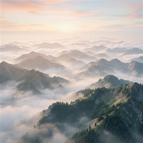 이어진 산맥, 부드러운 3D 렌더링, 위에서 내려다본 구도, 아침 안개, 몽환적인 분위기, 1:1 비율