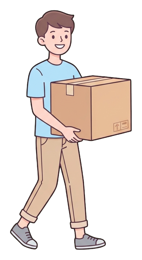 Simple cute flat cartoon illustration with soft pastel colors and thin clean dark outlines of a young man, person carrying a big cardboard moving box, transparent background PNG