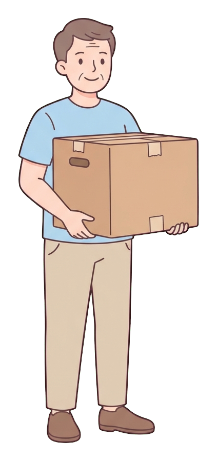 Simple cute flat cartoon illustration with soft pastel colors and thin clean dark outlines of a middle-aged man, person carrying a big cardboard moving box, transparent background PNG