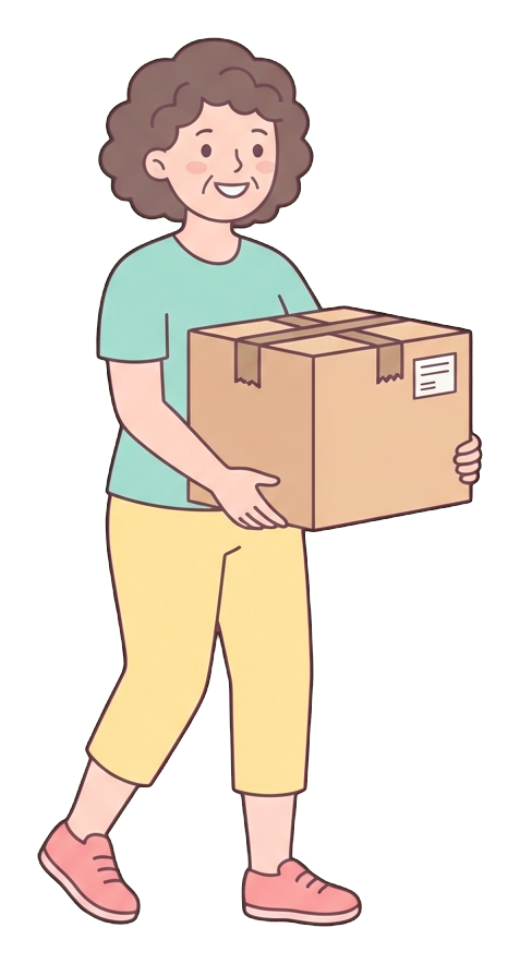 Simple cute flat cartoon illustration with soft pastel colors and thin clean dark outlines of a middle-aged woman, person carrying a big cardboard moving box, transparent background PNG