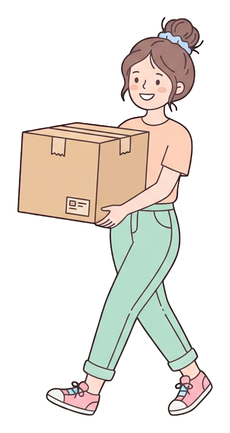 Simple cute flat cartoon illustration with soft pastel colors and thin clean dark outlines of a young woman, person carrying a big cardboard moving box, transparent background PNG