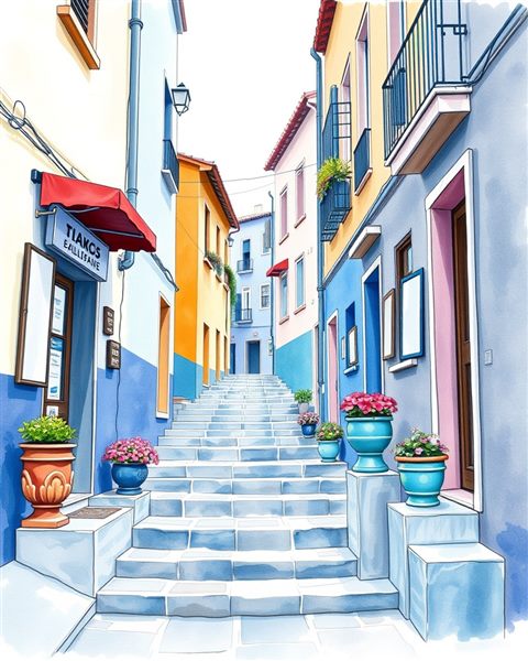 Watercolor illustration of A narrow alleyway flanked by colorful painted walls and flower pots on stone steps, wide shot with open space at the top for text, cool blue tones, quiet atmosphere, 4:5 aspect ratio