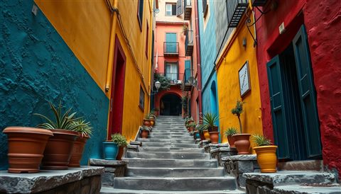 Cinematic film still of A narrow alleyway flanked by colorful painted walls and flower pots on stone steps, centered subject with a simple uncluttered composition, vivid colors, high contrast, energetic, 16:9 aspect ratio