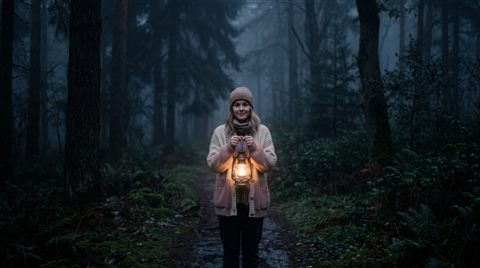 Cinematic film still of dark misty forest at night, centered subject with a simple uncluttered composition, soft pastel colors, bright and cozy, 16:9 aspect ratio