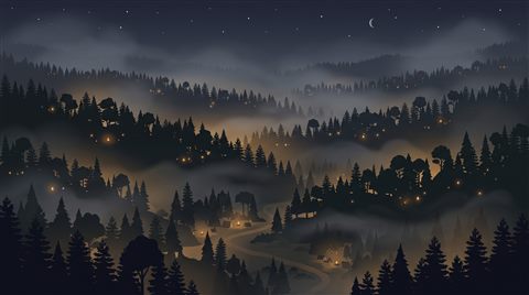 Minimal flat illustration of dark misty forest at night, high-angle view from above, warm golden light, calm mood, 16:9 aspect ratio