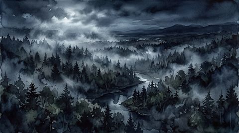 Watercolor illustration of dark misty forest at night, high-angle view from above, moody dark tones, dramatic lighting, 16:9 aspect ratio
