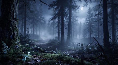 Soft 3d render of dark misty forest at night, close-up detail with shallow depth of field, misty morning haze, dreamy, 16:9 aspect ratio