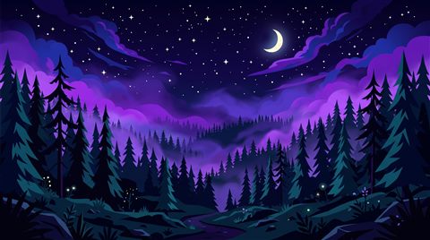 Minimal flat illustration of dark misty forest at night, wide shot with open space at the top for text, vivid colors, high contrast, energetic, 16:9 aspect ratio