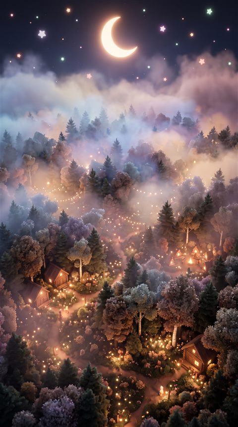 Soft 3d render of dark misty forest at night, high-angle view from above, soft pastel colors, bright and cozy, 9:16 aspect ratio