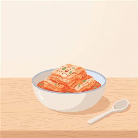 Minimal flat illustration of a bowl of red napa cabbage kimchi on a wooden table, wide shot with open space at the top for text, soft pastel colors, bright and cozy, 1:1 aspect ratio