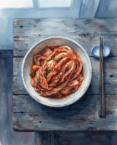 Watercolor illustration of a bowl of red napa cabbage kimchi on a wooden table, high-angle view from above, cool blue tones, quiet atmosphere, 4:5 aspect ratio