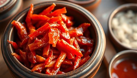 Photorealistic photo of Freshly made spicy red kimchi neatly arranged in a traditional ceramic pottery bowl, close-up detail with shallow depth of field, warm golden light, calm mood, 16:9 aspect ratio