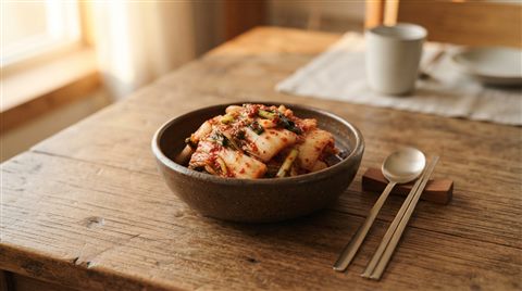 Photorealistic photo of a bowl of red napa cabbage kimchi on a wooden table, centered subject with a simple uncluttered composition, warm golden light, calm mood, 16:9 aspect ratio