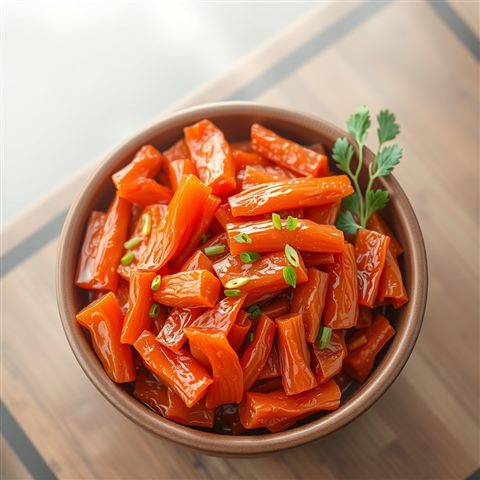 Soft 3D render of Freshly made spicy red kimchi neatly arranged in a traditional ceramic pottery bowl, high-angle view from above, misty morning haze, dreamy, 1:1 aspect ratio