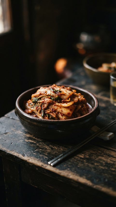 Photorealistic photo of a bowl of red napa cabbage kimchi on a wooden table, close-up detail with shallow depth of field, moody dark tones, dramatic lighting, 9:16 aspect ratio