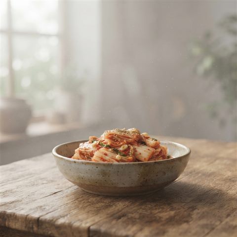 Soft 3D render of a bowl of red napa cabbage kimchi on a wooden table, wide shot with open space at the top for text, misty morning haze, dreamy, 1:1 aspect ratio
