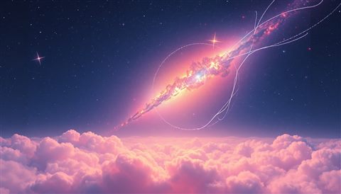 Minimal flat illustration of A breathtaking deep space view filled with glowing colorful cosmic dust clouds and distant sparkling stars., centered subject with a simple uncluttered composition, soft pastel colors, bright and cozy, 16:9 aspect ratio