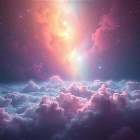 Soft 3D render of A breathtaking deep space view filled with glowing colorful cosmic dust clouds and distant sparkling stars., wide shot with open space at the top for text, misty morning haze, dreamy, 1:1 aspect ratio