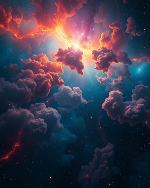 Cinematic film still of A breathtaking deep space view filled with glowing colorful cosmic dust clouds and distant sparkling stars., high-angle view from above, vivid colors, high contrast, energetic, 4:5 aspect ratio