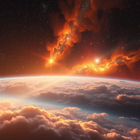 Photorealistic photo of A breathtaking deep space view filled with glowing colorful cosmic dust clouds and distant sparkling stars., wide shot with open space at the top for text, warm golden light, calm mood, 1:1 aspect ratio