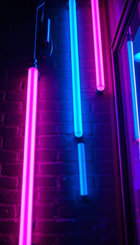 Photorealistic photo of Vibrant pink and blue glowing neon light tubes creating an abstract urban night atmosphere on a dark brick wall., close-up detail with shallow depth of field, moody dark tones, dramatic lighting, 9:16 aspect ratio