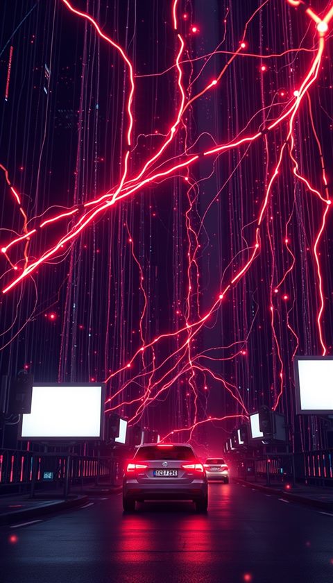 Photorealistic photo of Abstract glowing digital connection lines and data nodes pulsing in cyberspace, wide shot with open space at the top for text, moody dark tones, dramatic lighting, 9:16 aspect ratio