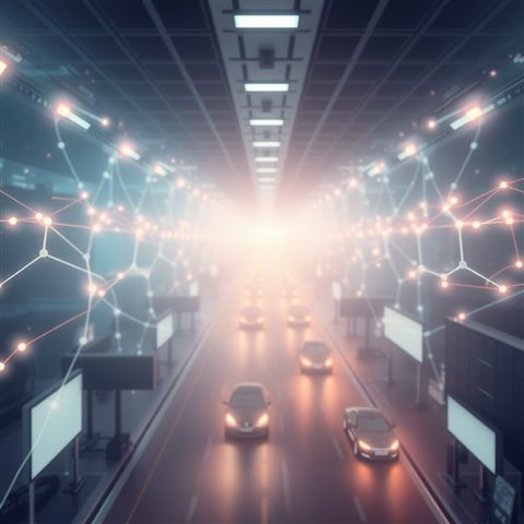 Soft 3D render of Abstract glowing digital connection lines and data nodes pulsing in cyberspace, high-angle view from above, misty morning haze, dreamy, 1:1 aspect ratio