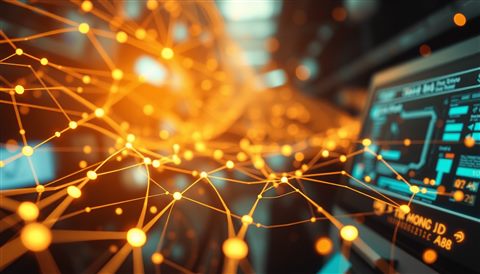Photorealistic photo of Abstract glowing digital connection lines and data nodes pulsing in cyberspace, close-up detail with shallow depth of field, warm golden light, calm mood, 16:9 aspect ratio