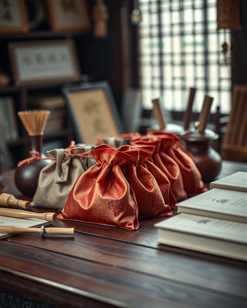 Photorealistic photo of Traditional silk pouches and traditional wooden props arranged neatly on a wooden table, close-up detail with shallow depth of field, moody dark tones, dramatic lighting, 4:5 aspect ratio
