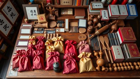 Cinematic film still of Traditional silk pouches and traditional wooden props arranged neatly on a wooden table, high-angle view from above, vivid colors, high contrast, energetic, 16:9 aspect ratio