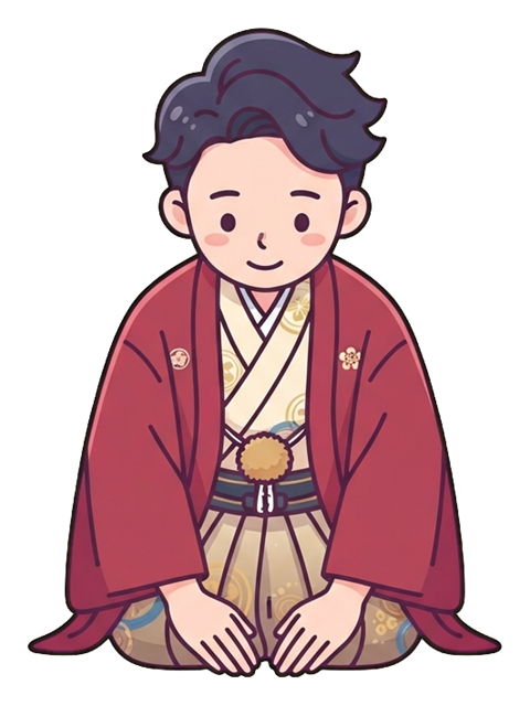 Simple cute flat cartoon illustration with soft pastel colors and thin clean dark outlines of a young man, person in festive clothes bowing for a new year greeting, transparent background PNG