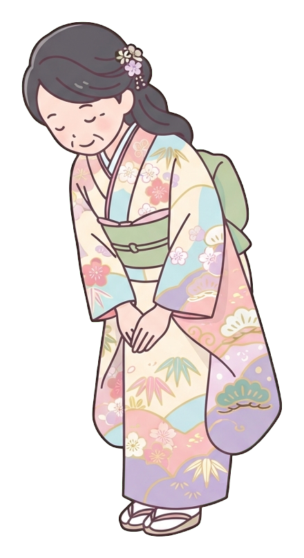 Simple cute flat cartoon illustration with soft pastel colors and thin clean dark outlines of a middle-aged woman, person in festive clothes bowing for a new year greeting, transparent background PNG