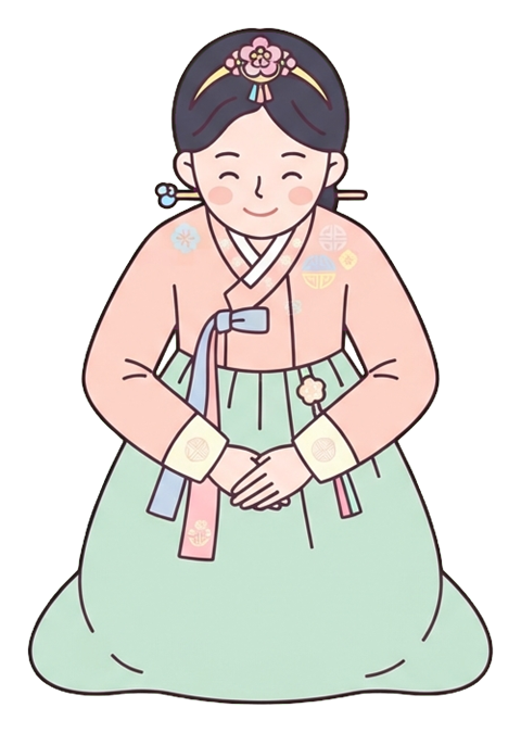 Simple cute flat cartoon illustration with soft pastel colors and thin clean dark outlines of a young woman, person in festive clothes bowing for a new year greeting, transparent background PNG