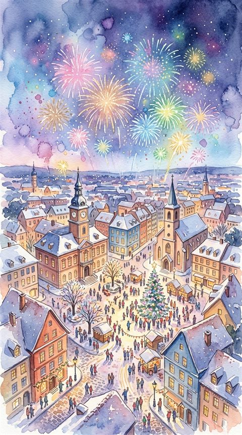 Watercolor illustration of new year celebration with fireworks, high-angle view from above, soft pastel colors, bright and cozy, 9:16 aspect ratio