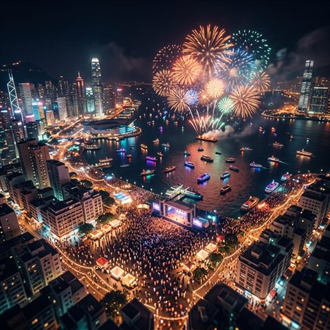 Soft 3d render of new year celebration with fireworks, high-angle view from above, moody dark tones, dramatic lighting, 1:1 aspect ratio