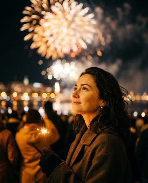 Cinematic film still of new year celebration with fireworks, close-up detail with shallow depth of field, warm golden light, calm mood, 4:5 aspect ratio