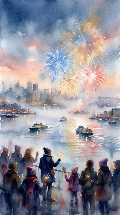 Watercolor illustration of new year celebration with fireworks, close-up detail with shallow depth of field, misty morning haze, dreamy, 9:16 aspect ratio