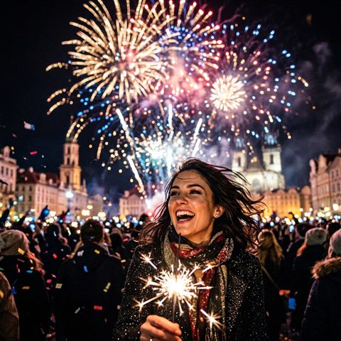 Photorealistic photo of new year celebration with fireworks, close-up detail with shallow depth of field, vivid colors, high contrast, energetic, 1:1 aspect ratio