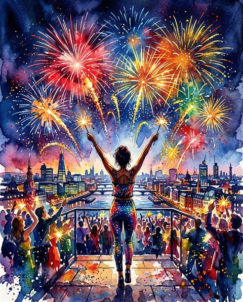 Watercolor illustration of new year celebration with fireworks, centered subject with a simple uncluttered composition, vivid colors, high contrast, energetic, 4:5 aspect ratio