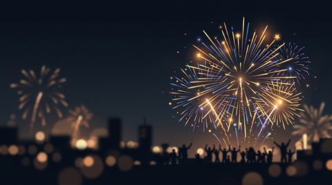 Minimal flat illustration of new year celebration with fireworks, close-up detail with shallow depth of field, moody dark tones, dramatic lighting, 16:9 aspect ratio