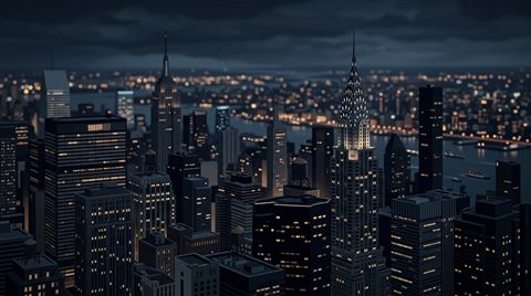 Minimal flat illustration of the New York City skyline, close-up detail with shallow depth of field, moody dark tones, dramatic lighting, 16:9 aspect ratio